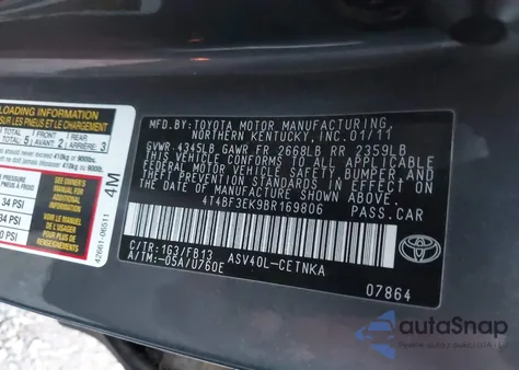 2011 Toyota Camry Le from USA, damaged, VIN 4T4BF3EK9BR169806
